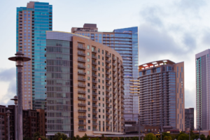 Modern city skyscraper skyline at dusk