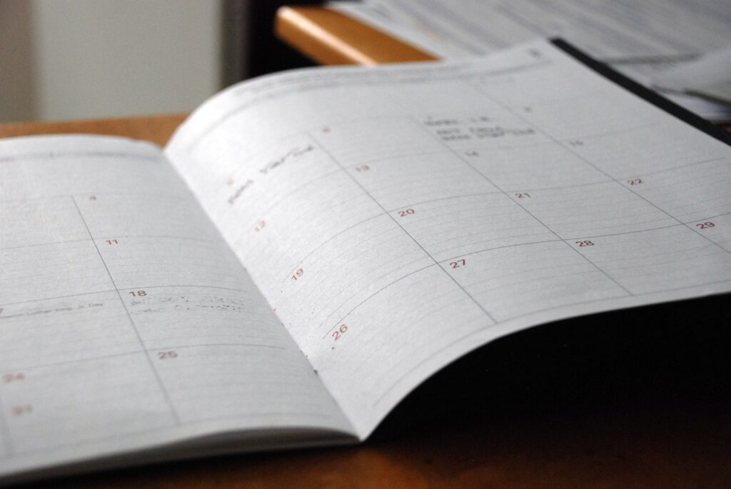 Open monthly planner for a social media content calendar