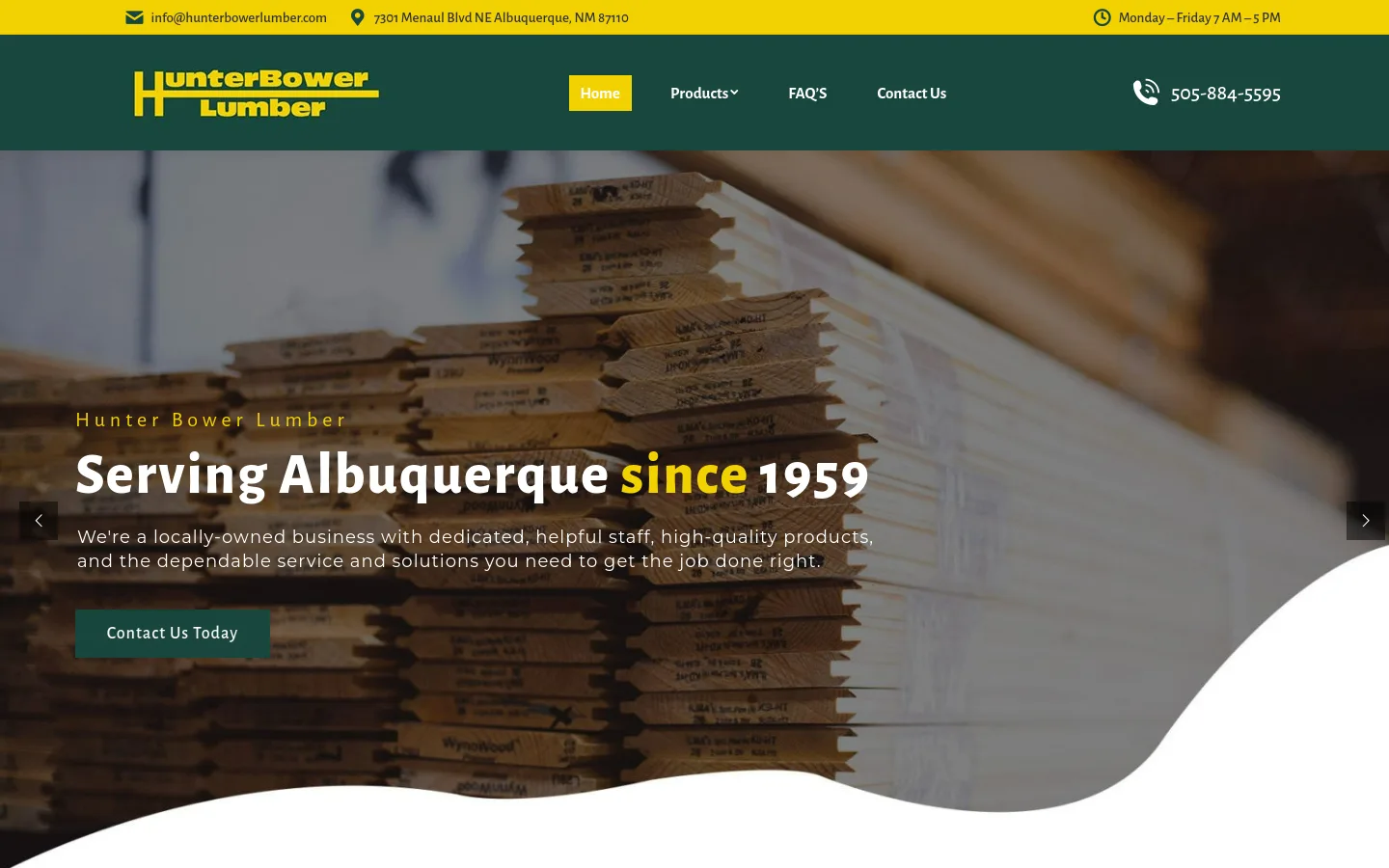 Hunter Bower Lumber website design by White Wolf Marketing, desktop view