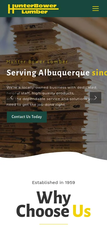 Hunter Bower Lumber website design by White Wolf Marketing, mobile view