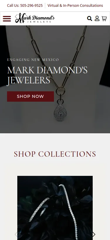 Mark Diamond’s Jewelers website design by White Wolf Marketing, mobile view