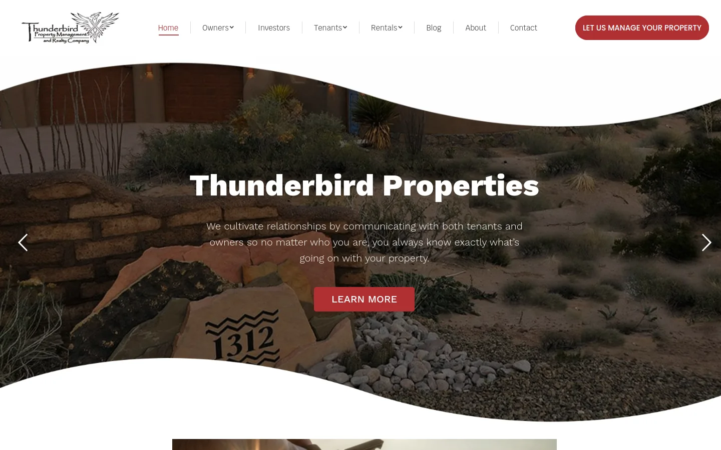 Thunderbird Properties website design by White Wolf Marketing, desktop view
